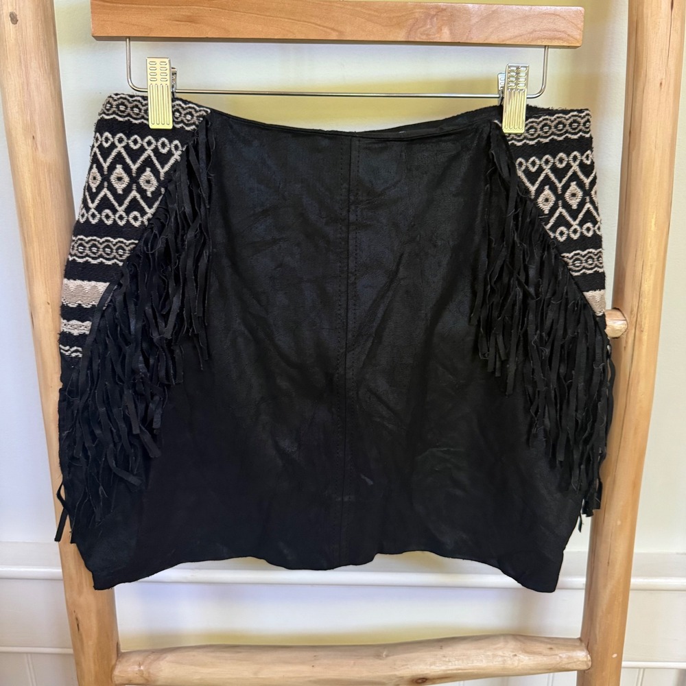 Saylor Black Faux Leather Fringe Mini Skirt Boho Western Geometric Panels Small